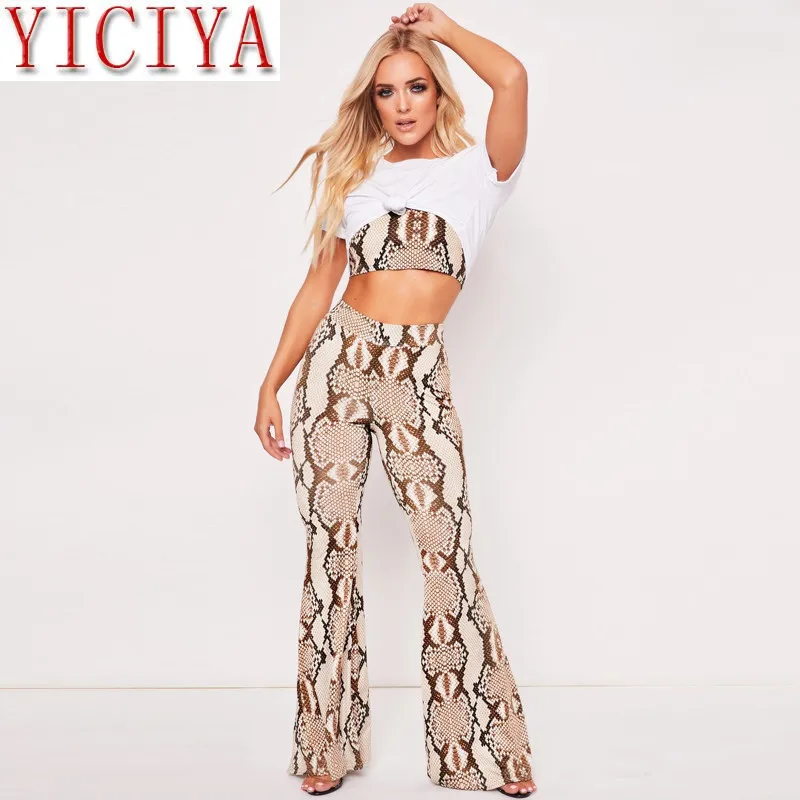 Snakeskin print sext spaghetti belt crop top camis bell pants 2-piece set 2020 spring autumn summer ladies fashion suit