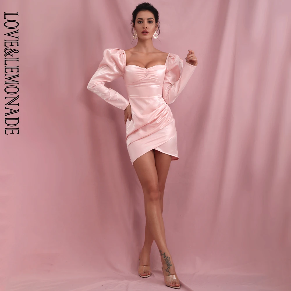 LOVE& LEMONADE розовый сексуальный квадратный воротник пузырь с длинным рукавом светоотражающий материал вечерние мини-платья lm81982осень/зима