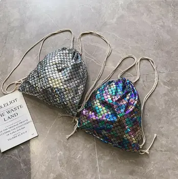 

Women Mermaid Fish-Scale Pattern Drawstring Backpack Summer Fashion Travel Sports Shoulder Bag School Rucksacks Backpack