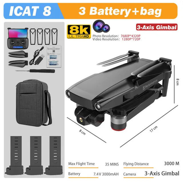 MFM 3-Axis EIS Camera Drone GPS 8K 35min 360° Obstacle Avoidance Professional 5G FPV 1.5Km Long Distance Brushless Icat8 Dron 4K 3-Axis 8K 3B Bag BL