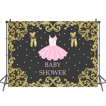 

Neoback Baby Shower Backdrop Skirt Shoes Girl Golden Banner Background Customized Photographic Backdrops for Photo Studio