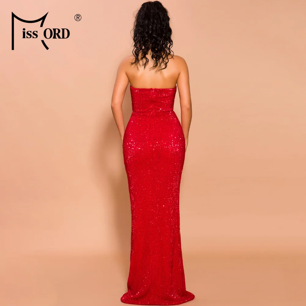 Missord Autumn and Winter Women Sexy V Neck Off Shoulder Backless Sequin Dress Female High Split Maxi Bodycon Dress FT19621