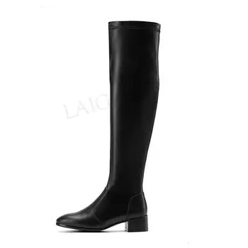 

LAIGZEM Women Over Knee Boots Faux Leather Suede Low Chunky Heels Boots Winter Slip On Shoes Woman Zapatos Mujer Large Size 43