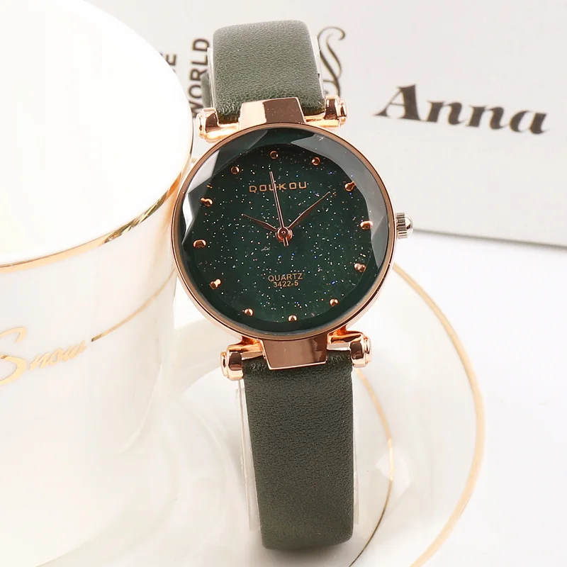 DOUKOU бренд Мори девушка часы индие Pops женские кварцевые часы наручные часы модные черные звезды кожа женские часы reloj mujer - Цвет: Dark Green