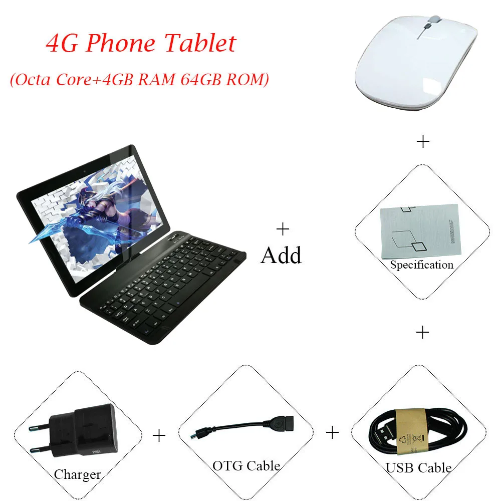 4G Add keyboard Mous ANRY 10 дюймов Восьмиядерный мощный Android 7,0 планшетный ПК 64G rom телефонный планшет с Bluetooth клавиатурой и мышью - Комплект: 4G Add keyboard Mous