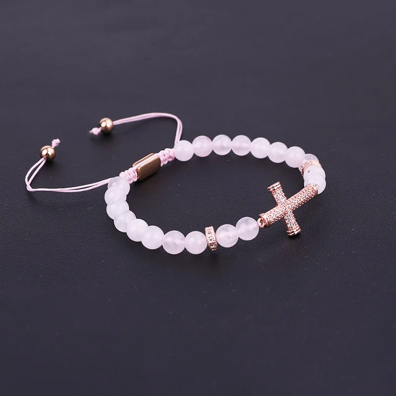 Fashion New Design Women Bracelet CZ Pave Cross Charm Natural Stone Braided Beads Bracelet Women Lady - Image 2