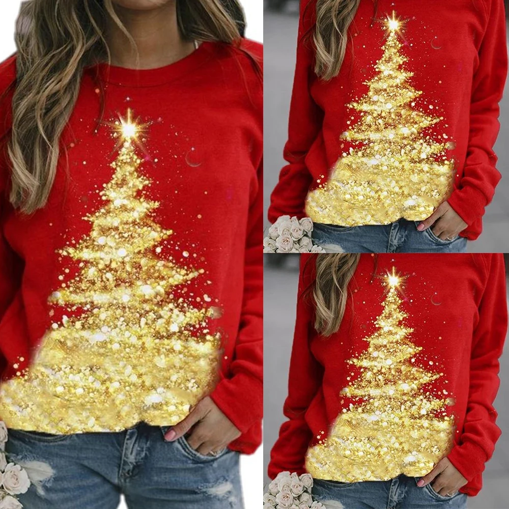 

Christmas Tops Fashion Women Pullover Christmas Trdd Printed T Shirt Tee Holiday Gift Tops Autumn Winter Female Clothing D30