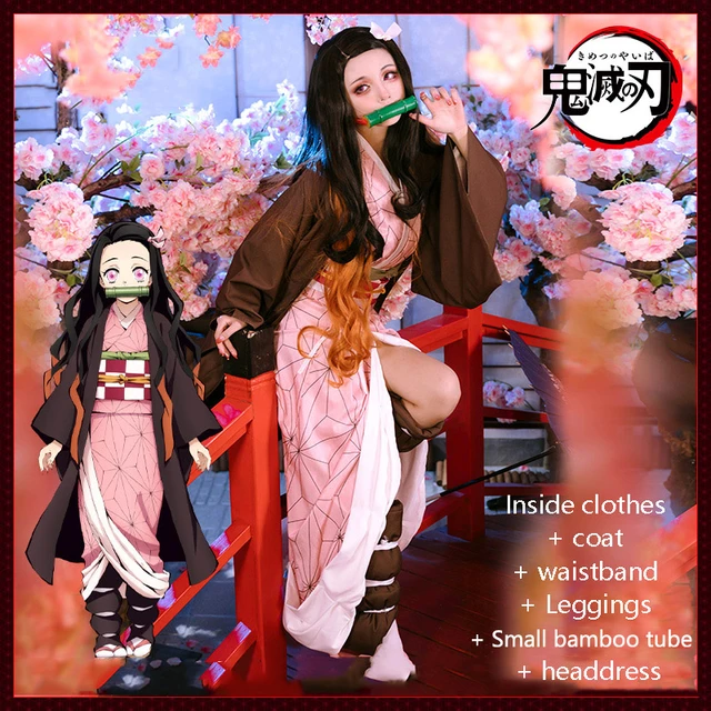 Demon Slayer Kamado Nezuko Cosplay Costume Kimono Set With Bamboo