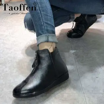 

Taoffen Real Leather Women Ankle Boots Plush Fur Short Boots Flats Mom Shoes Women Round Toe Hot Sale Footwear Size 34-41