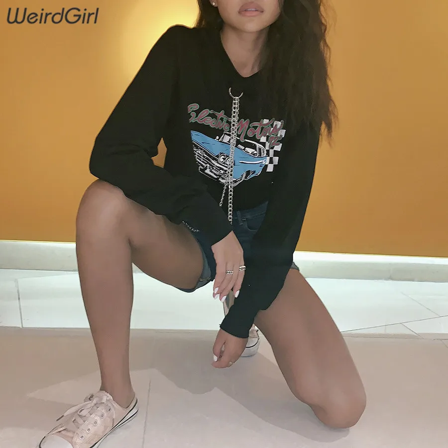 Weirdgirl толстовки осень новые женские с цепным принтом полный рукав o-образным вырезом толстовки короткий Модный Топ Свободные эластичные броские пуловеры