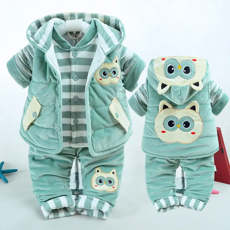 Комплект одежды для маленьких мальчиков, зимний теплый хлопковый жилет для новорожденных+ топ+ штаны, спортивные костюмы из 3 предметов для маленьких девочек, плотная Вельветовая одежда - Цвет: Зеленый
