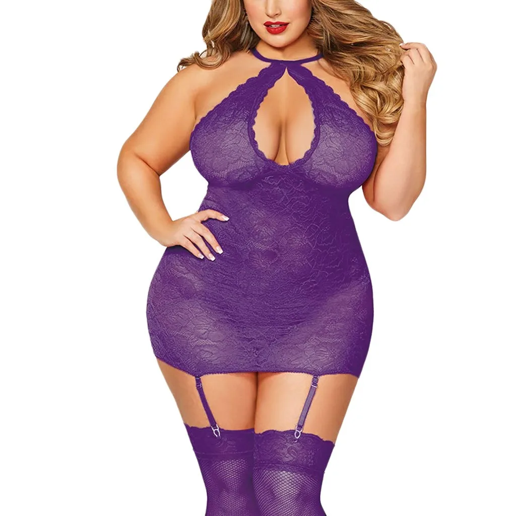 Colorful Lenceria Mujer Lingerie With G-string Plus Size Open Back Langerie Lace Babydoll Sleepwear Underwear Erotic Costumes - Цвет: Purple