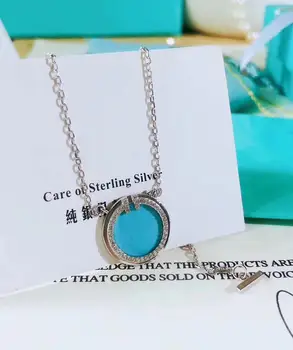 

XL TFB Original 925 Sterling Silver Fashion Silver Round Blue Necklace with Logo Women's Jewelry Free Shipping.