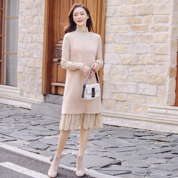 

2019 Cute Women Sweater Dress Turtleneck Full Sleeve Women Knitted Vestidos Knee-length Loose Knit Dress Autumn Winter Vestido