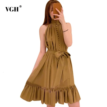 

VGH Elegant Ruched Women Dress Stand Collar Sleeveless High Waist Lace Up Ruffles Ruched Dresses For Female Fashion Clothing New