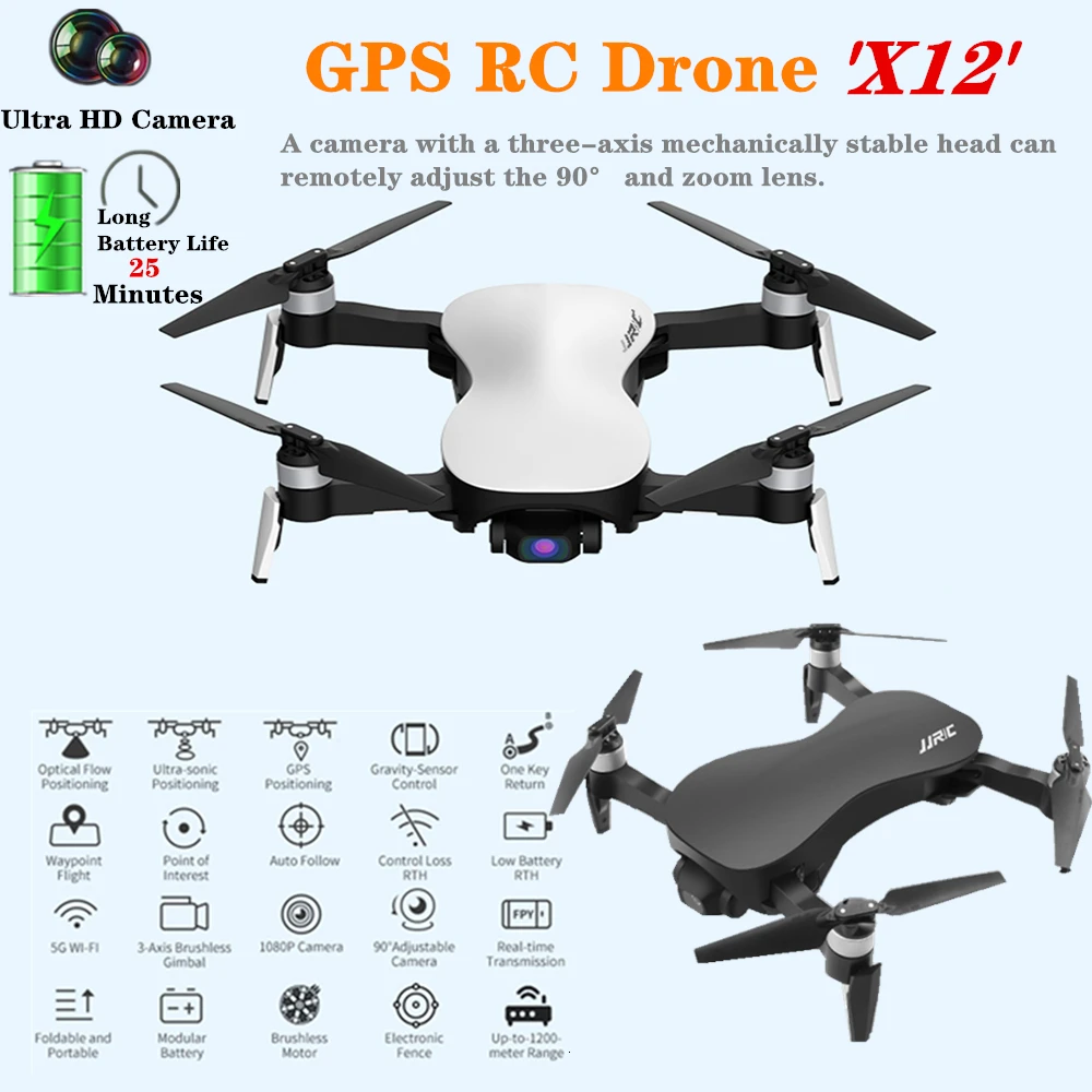 

RC Drone JJRC X12 Drones with 5G WiFi 1080P HD Camera GPS Optical Flow Brushless Quadcopter 25 Mins Fly Time Stabilizing Gimbal