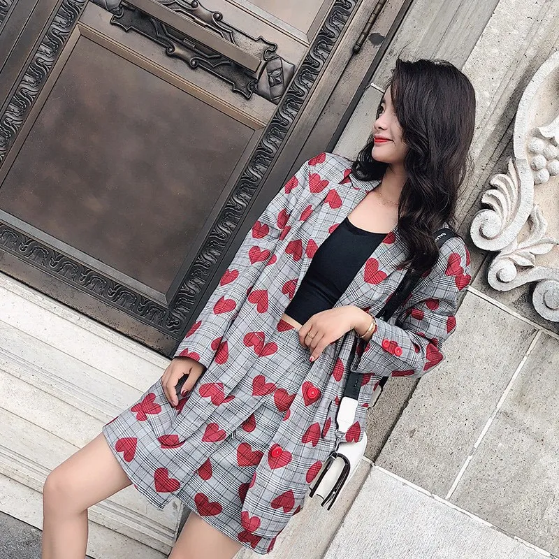 

2019 Autumn Women Red Heart Plaid Blazer Jackets And Mini Skirts Suits Female Work Long Sleeve Office 2 Pieces Sets