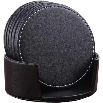 

Set of 6 Leather Drink Coasters Round Cup Mat Pad for Home and Kitchen Use Black
