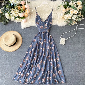 

YuooMuoo V Neck Sash Bandage Women Floral Dress 2020 Elegant Bohemian A-line Backless Long Dress Summer Female Maxi Beach Dress