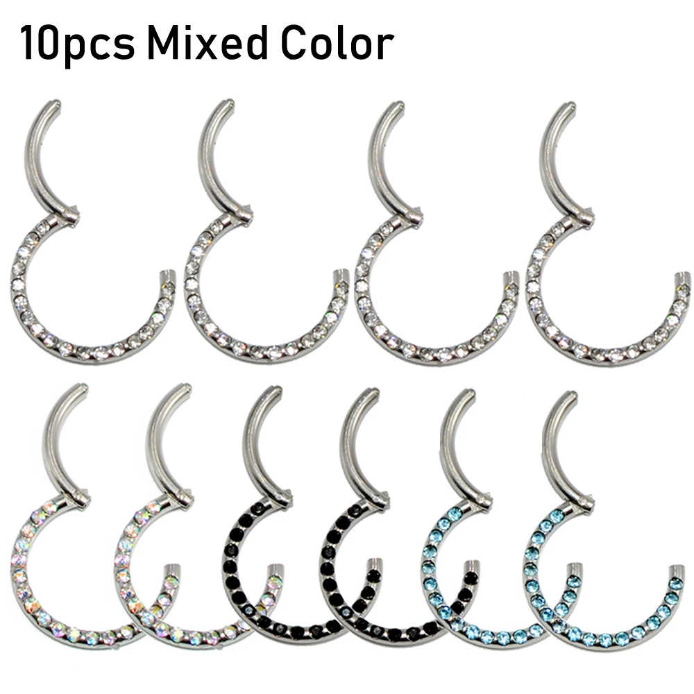 10PCS Mixed Gem 10 шт хирургические стальные перегородки Кликер Кристалл Нос кольцо Лабрет губы кольцо уха трагус спираль серьги, Надеваемые На ушной хрящ Ювелирное Украшение для пирсинга соска - Окраска металла: 10PCS Mixed Gem