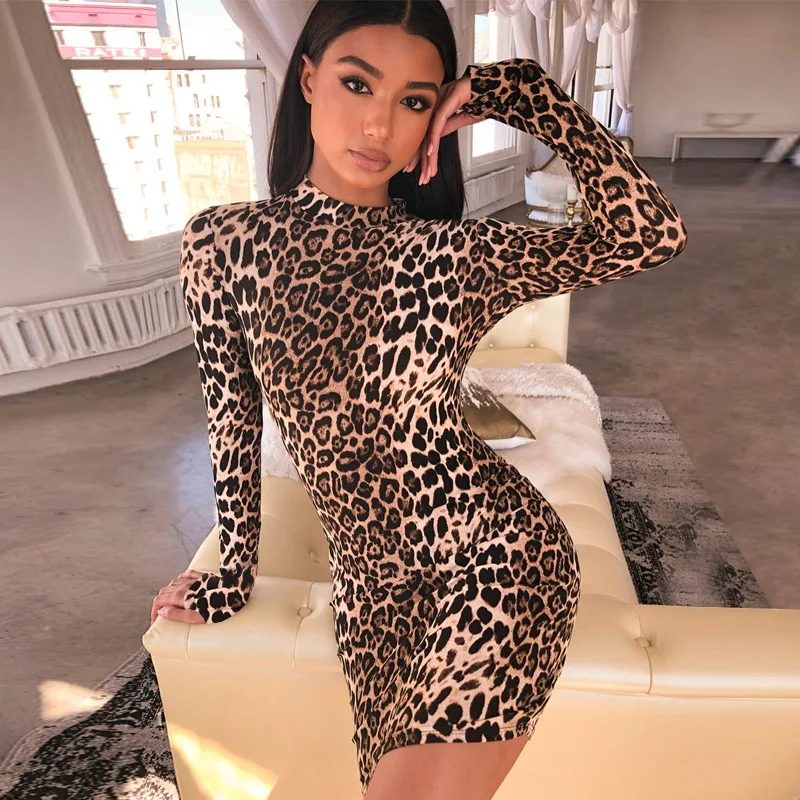 

Long Sleeve High Neck Leopard Print Sexy Bodycon Mini Dress 2020 Autumn Winter Women Fashion Christmas Party Clothes