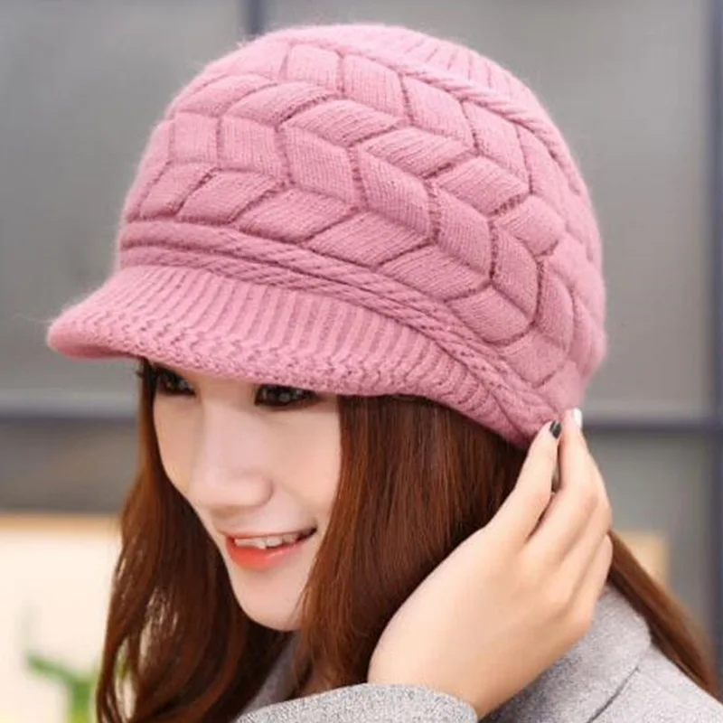 

Autumn Winter Hats Women's Knitted Hat Beanie caps Ladies SnapBack Warm Wool Hat Solid Warm Winter Hats For female earmuffs
