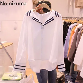 

Nomikuma New Striped Contrast Color Women Shirt Long Sleeve Turn Down Collar Blouse 2020 Korean Causal Blusas Feminimo Top 6A101