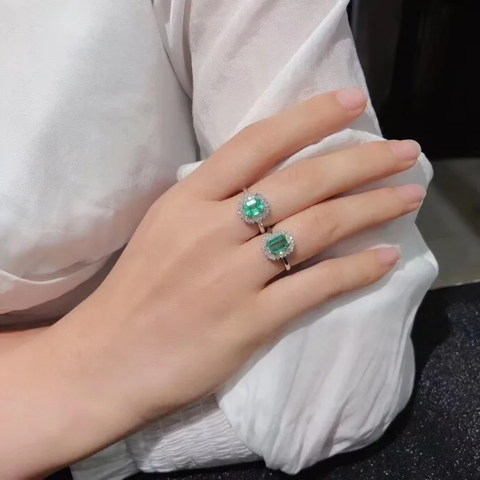AEAW ювелирные изделия 18 к белое золото 0.9ct кольцо с натуральным изумрудом лучистой огранки зеленый драгоценный камень двойной коготь кольцо для женщин ювелирные изделия