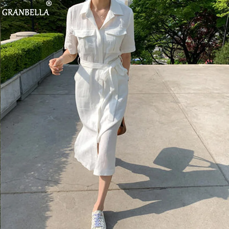Lace Short Sleeve Cotton Shirt Lapel Collar White Dress With Belt Vacation Holiday Beach Casual Elegant Lady Women Summer | Женская