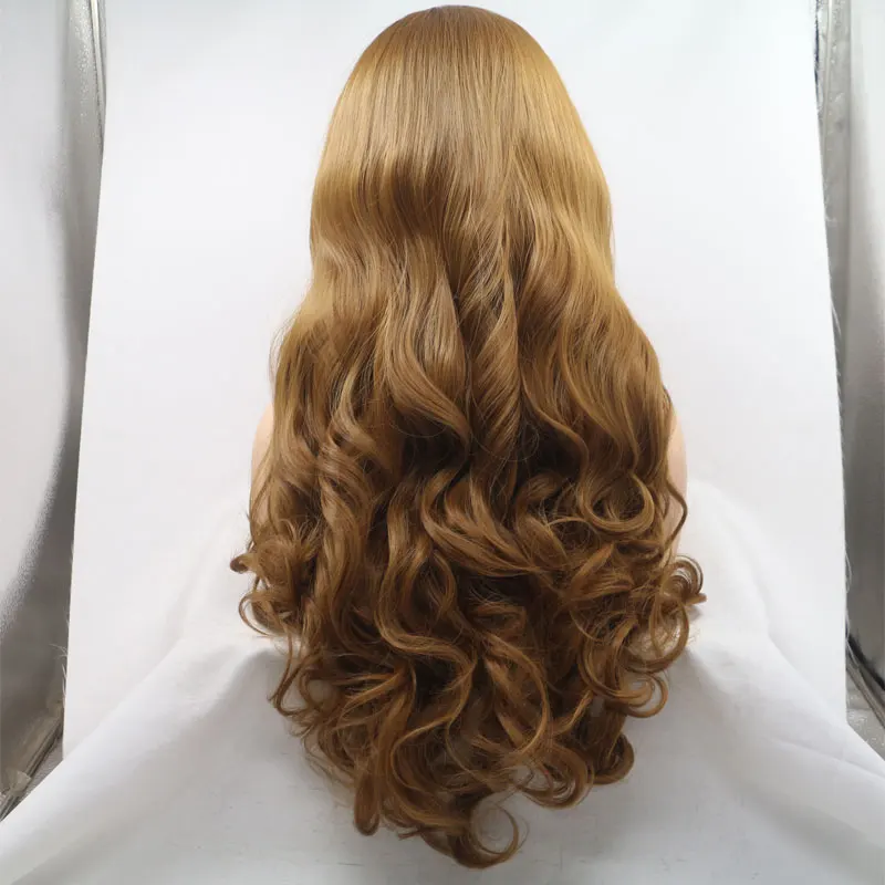 150% плотность объемная волна коричневый цвет синтетический парик фронта шнурка бесклеевой термостойкие волокна свободный пробор волос для женщин парик на каждый день