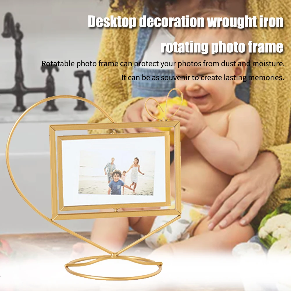 Iron Art Wedding Picture Rotatable Crafts Heart Shape Desktop Decor Gifts Photo Frame Living Room Free Stand Table Double Side