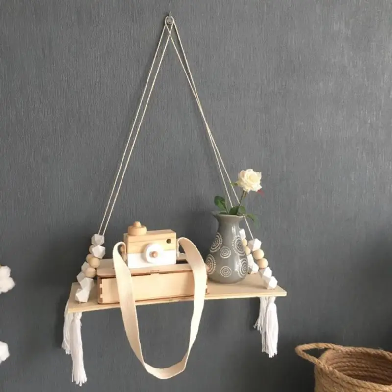 

Nordic Style Beads Wood Shelves with Tassel Wall Bedroom Clapboard decoration Children room kids clothing store display stand