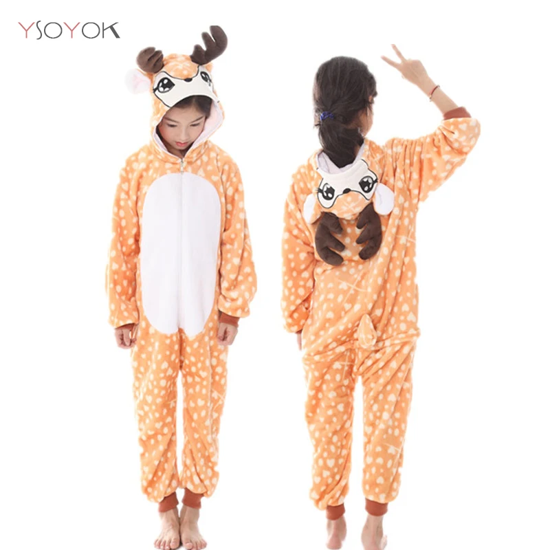 Детские зимние пижамы кигуруми, единорог, животные, панда, комбинезон, детская одежда для сна, фланелевый детский комбинезон, детские пижамы для мальчиков и девочек - Цвет: Deer