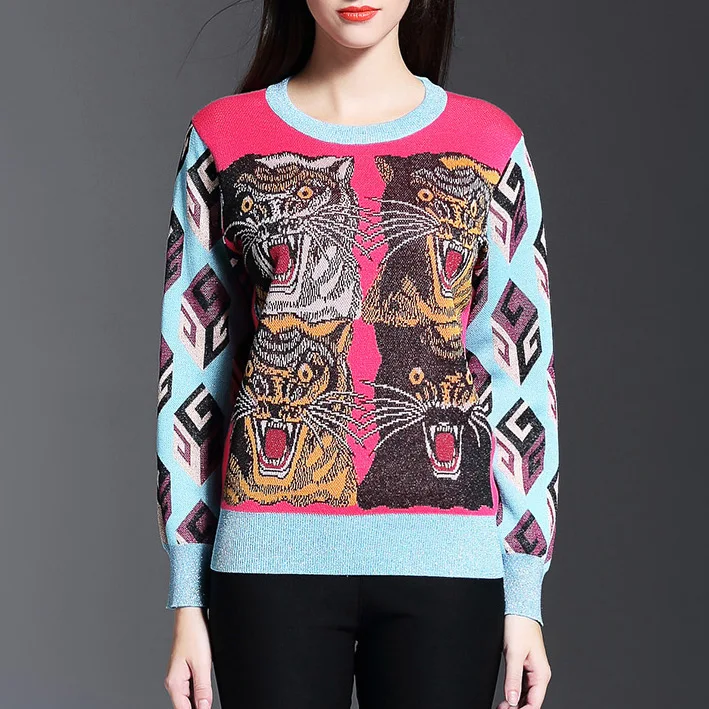 Модные женские свитера подиумный свитер с рисунком головы тигра жаккардовый