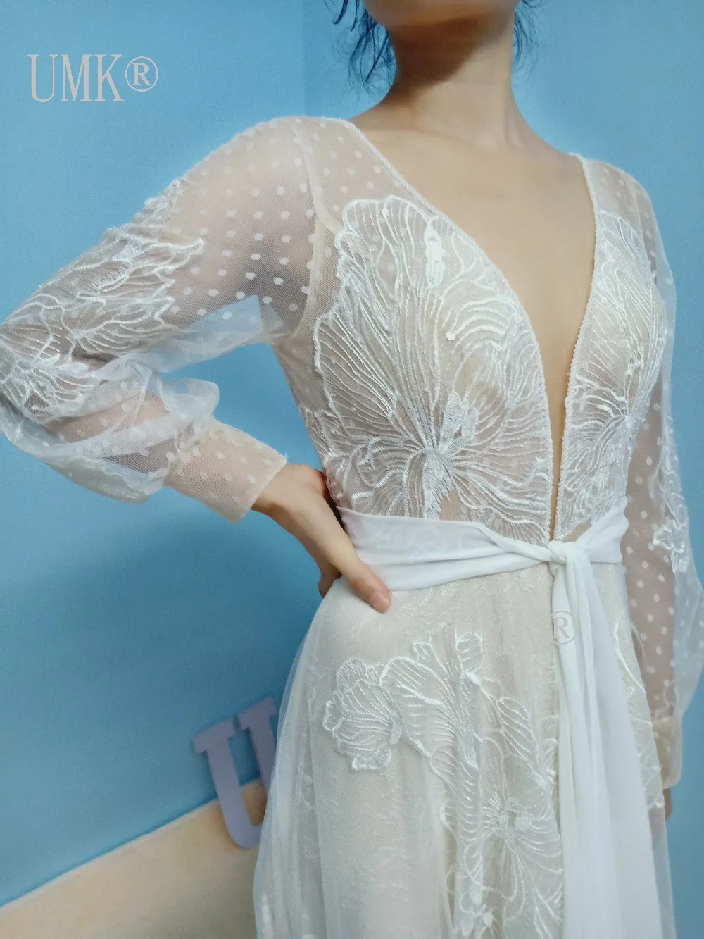 UMK сексуальное кружевное пляжное свадебное платье с открытой спиной, рукав-фонарик, Boho Vestido De Noiva, Элегантные аппликации, свадебные платья с поясом