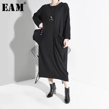 

[EAM] Women Black Pleated Split Big Size Midi Dress New Round Neck Long Sleeve Loose Fit Fashion Tide Spring Autumn 2020 1D07101