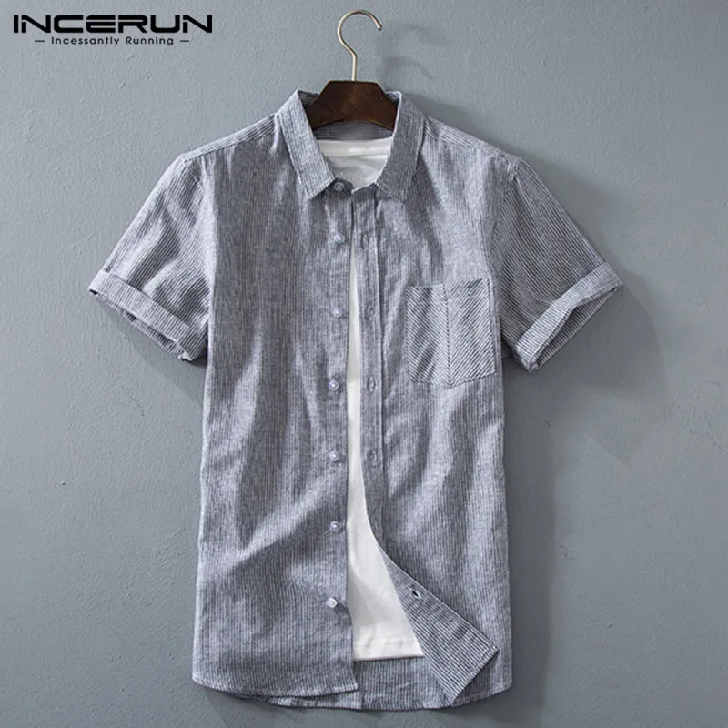 PARTyu Casual Shirt Men Striped Half Sleeve Loose Breathable Button Pullovers Streetwear Chic Shirts