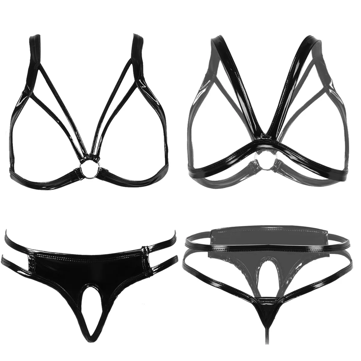 Womens Wet Look Patent Leather Erotic Lingerie Set Halter Open Cups Strappy Bra Top with Low Rise Crotchless G-string Underwear |