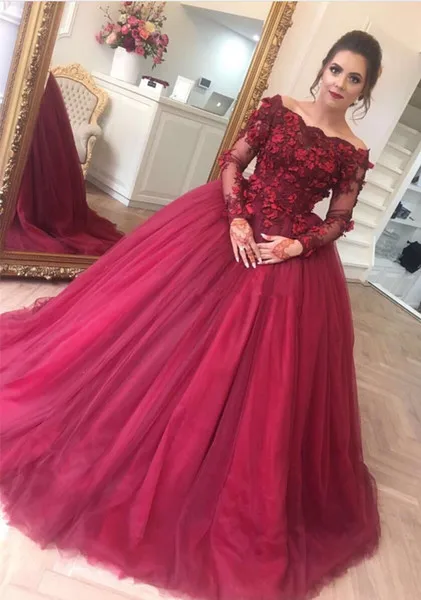 Picture Color Vestidos De Fiesta, бальное платье с открытыми плечами, бальное платье, бальное платье высокого качества, бордовое длинное Тюлевое платье с цветами ручной работы - Цвет: Picture Color