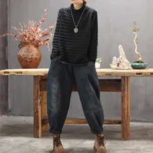 Vintage Women Jeans Autumn Winter New Print Floral Fleece Warm Pants Elastic Waist Female Fashion Trousers YoYiKamomo