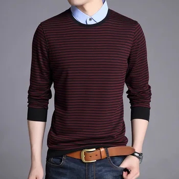 

2020 new Spring and autumn long-sleeved T-shirt men lapel striped casual bottoming shirt ws106