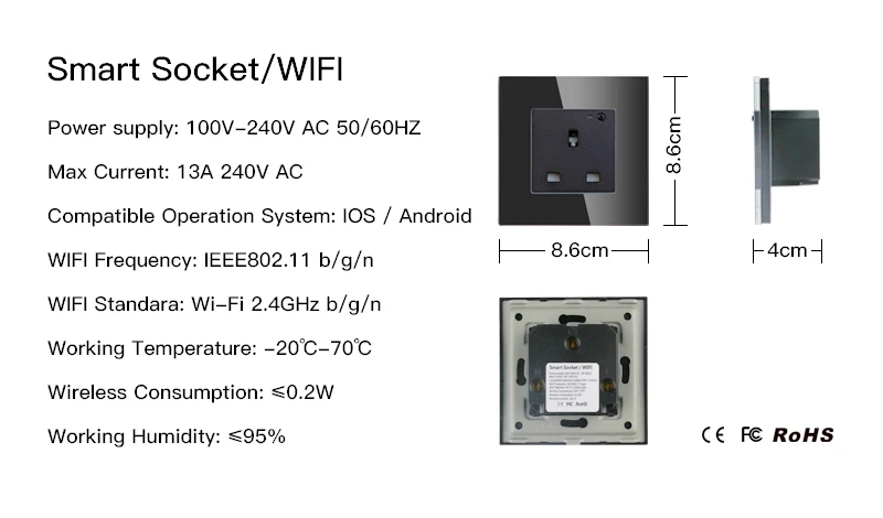 Великобритания WiFi умная настенная розетка 13A розетка стеклянная панель, Smart Life/Tuya APP пульт дистанционного управления, работает с Amazon Echo Alexa Google Home