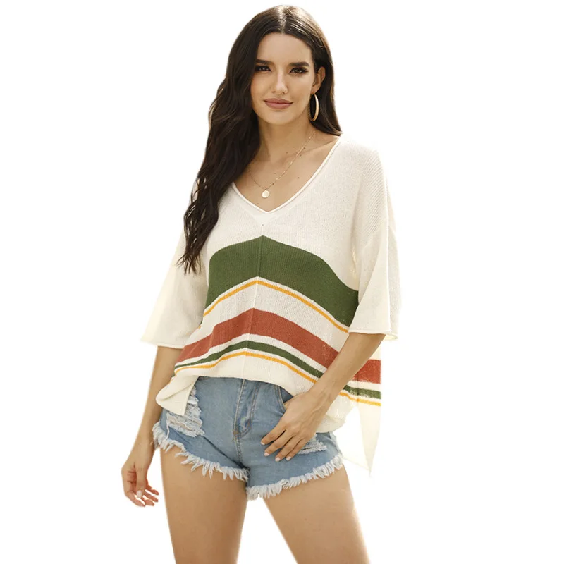 

Loose Knitted Sweater Women Jumpers Half Sleeve V Neck Woman Pullovers Sweaters Casual 2020 Autumn Color Block Striped Sweater