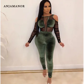 

ANJAMANOR Sexy One Piece Women Clothes Clubwear Jumpsuits Mesh Spliced Velvet Long Sleeve Bodycon Romper Plus Size D30-AE34