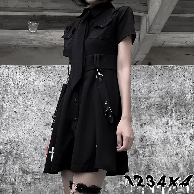 QWEEK Goth Dress Punk Gothic Harajuku Summer Black Mini Dress Shirt Women 2021 Short Sleeve Emo Clothes Mall Goth Dark Academia 2