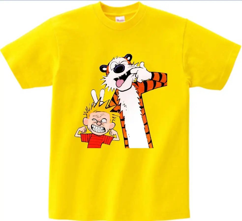Футболка для мальчиков летний топ с принтом Кельвина и Гоббса, Детская футболка одежда для детей футболка с короткими рукавами и рисунком для мальчиков и девочек, NN - Цвет: yellow childreTshirt