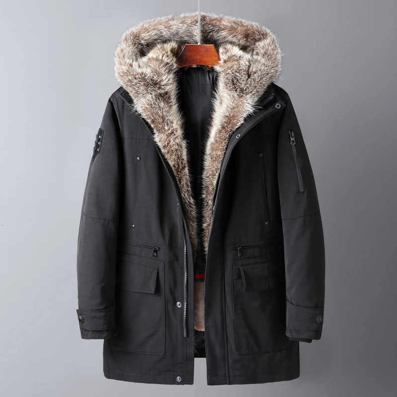 HW зимние мужские из натуральной кожи пальто с мехом парка с капюшоном водонепроницаемый средней части пальто Теплый - Цвет: black