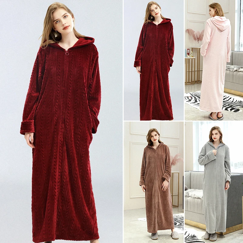 Женские одеяния с капюшоном удлиненный мягкий зимний банный халат удобный теплый длинный рукав сплошной цвет Длинные пижамы Женская домашняя одежда