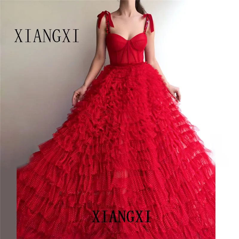 

Robes de soirйe musulmanes rouges 2020 robe de bal bretelles Spaghetti cristaux de Tulle islamique dubaп saoudien arabe longue r