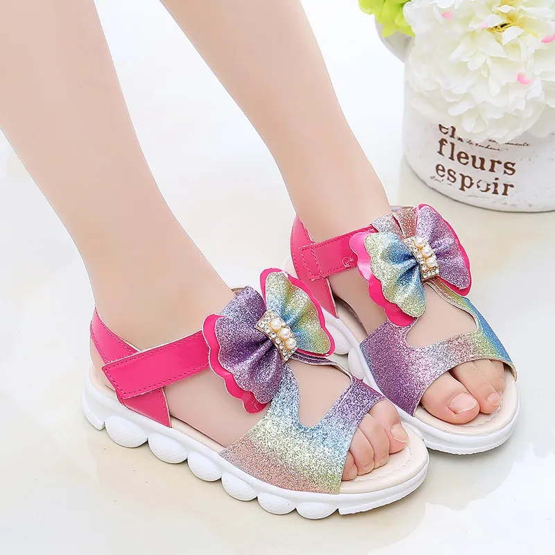 

Girls Sandals 2020 New Korean Summer Kids Shoes Girl Fluorescent Pu leather Bow Princess Rubber Plastic Pearl Sandals Baby Shoe